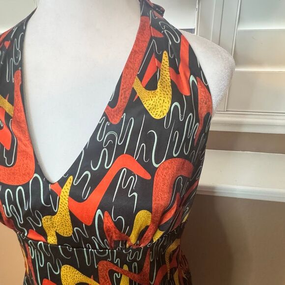 Vintage Bettie Page XL Halter Swing Dress Black Orange Boomerang Print Retro Mod - Picture 2 of 7